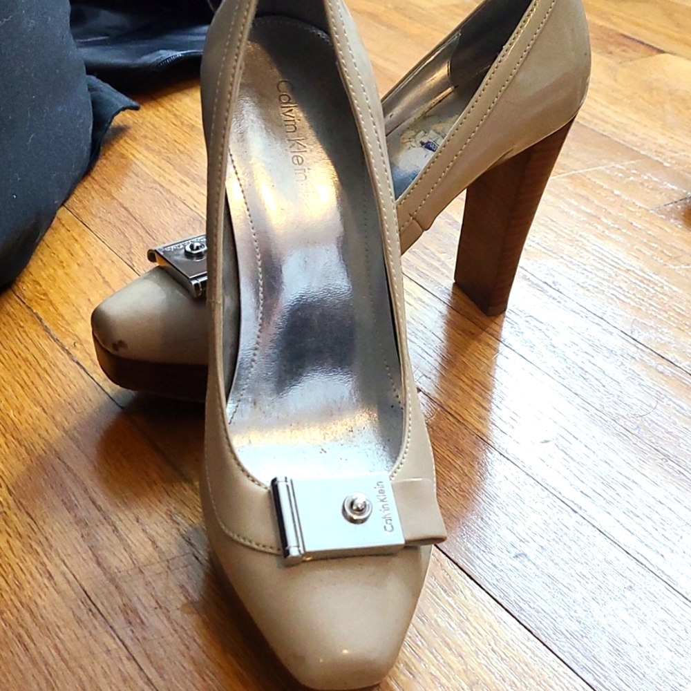 Calvin Klein Beige Heels with Chrome Accent